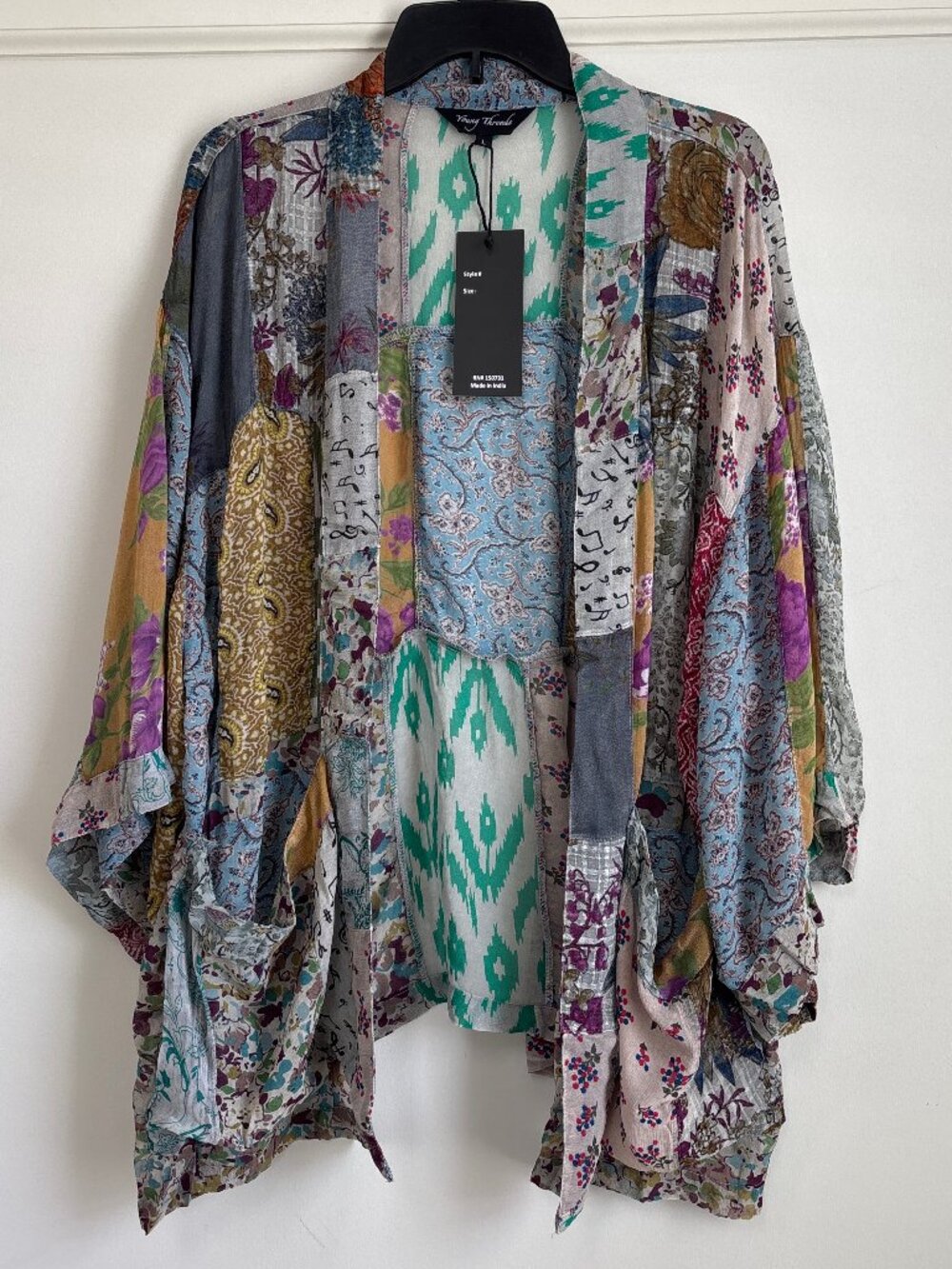 Young Threads Patchwork Boho Kimono Duster Viscose Batwing Pockets NWT